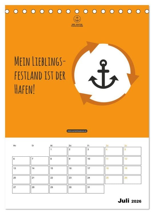 Produktbild: hafenprinzessin: Ankertr&auml;ume & Meer - Der moderne Zitate-Wandkalender f&uuml;r maritime Lebensmomente! (Tischkalender 2026 DIN A5 hoch), CALVENDO Monatskalender