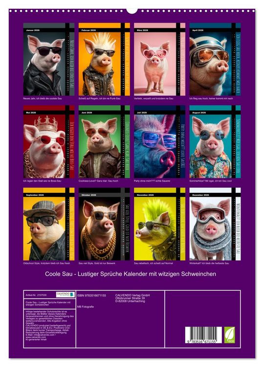 Produktbild: Coole Sau - Lustiger Spr&uuml;che Kalender mit witzigen Schweinchen (hochwertiger Premium Wandkalender 2026 DIN A2 hoch), Kunstdruck in Hochglanz