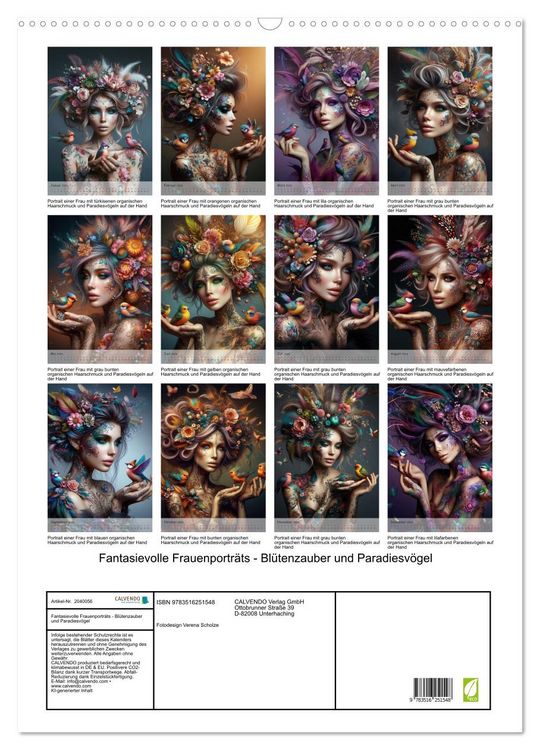 Produktbild: Fantasievolle Frauenportr&auml;ts - Bl&uuml;tenzauber und Paradiesv&ouml;gel (Wandkalender 2026 DIN A2 hoch), CALVENDO Monatskalender