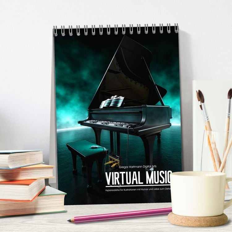 Produktbild: VIRTUAL MUSIC - Musikinstrumente in Hyperrealistischen Illustrationen (Tischkalender 2026 DIN A5 hoch), CALVENDO Monatskalender