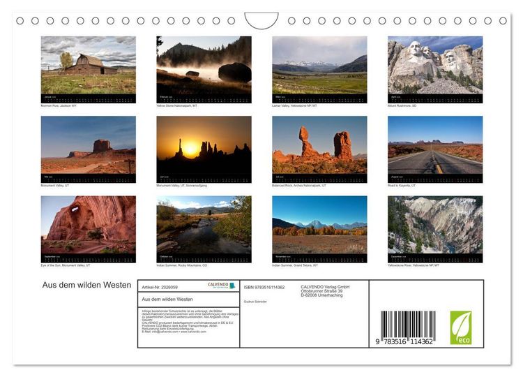 Produktbild: Aus dem wilden Westen (Wandkalender 2026 DIN A4 quer), CALVENDO Monatskalender