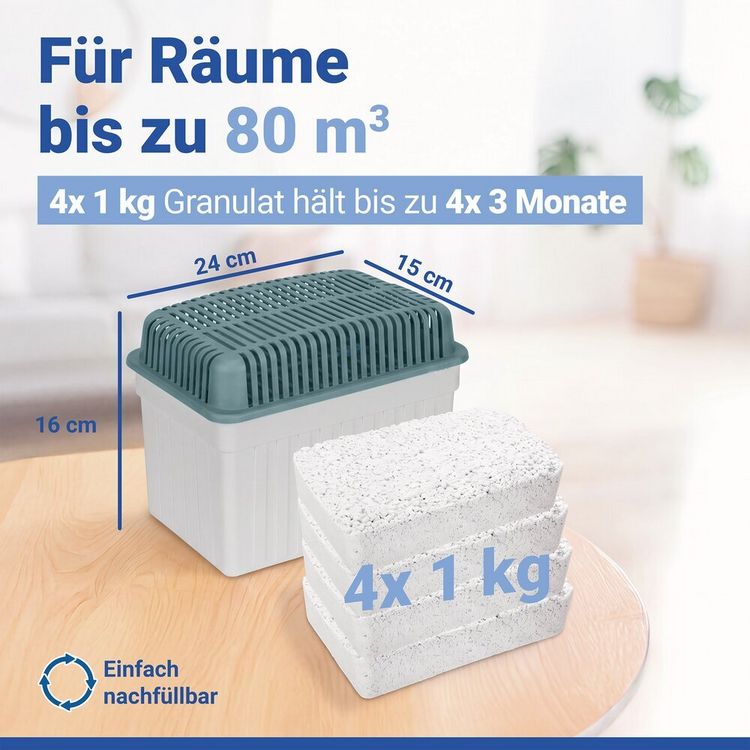 Produktbild: Luftentfeuchter 1 kg Grau, inkl. 3 Nachf&uuml;ller, f&uuml;r R&auml;ume bis 80 m&sup3;