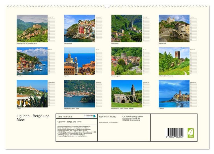 Produktbild: Ligurien - Berge und Meer (hochwertiger Premium Wandkalender 2026 DIN A2 quer), Kunstdruck in Hochglanz