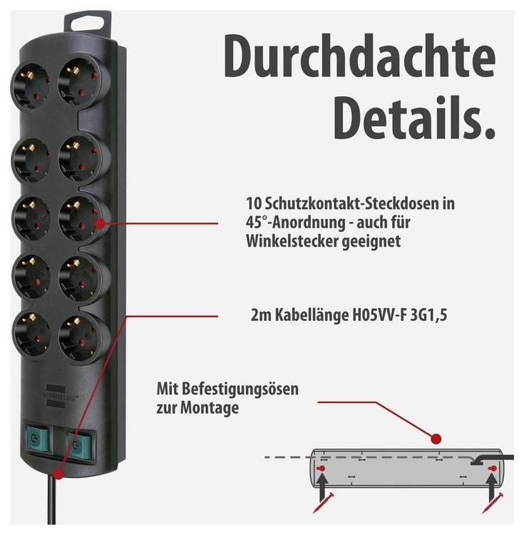 Produktbild: Brennenstuhl 1153300120 Steckdosenleiste mit Schalter 10fach Schwarz Schutzkontakt 1 St.