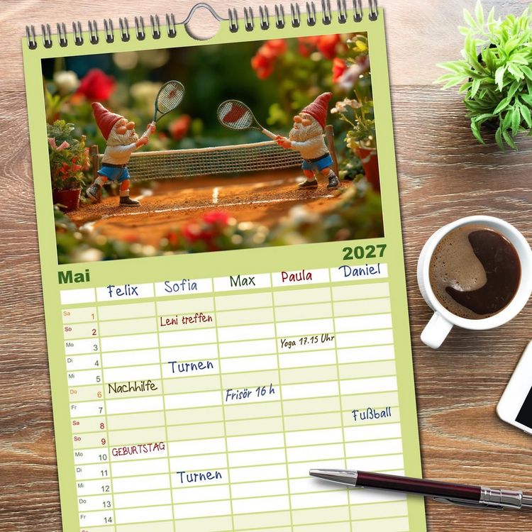 Produktbild: Familienplaner 2027 - Sportliche Gartenzwerge mit 5 Spalten (Wandkalender, 21 x 45 cm) CALVENDO