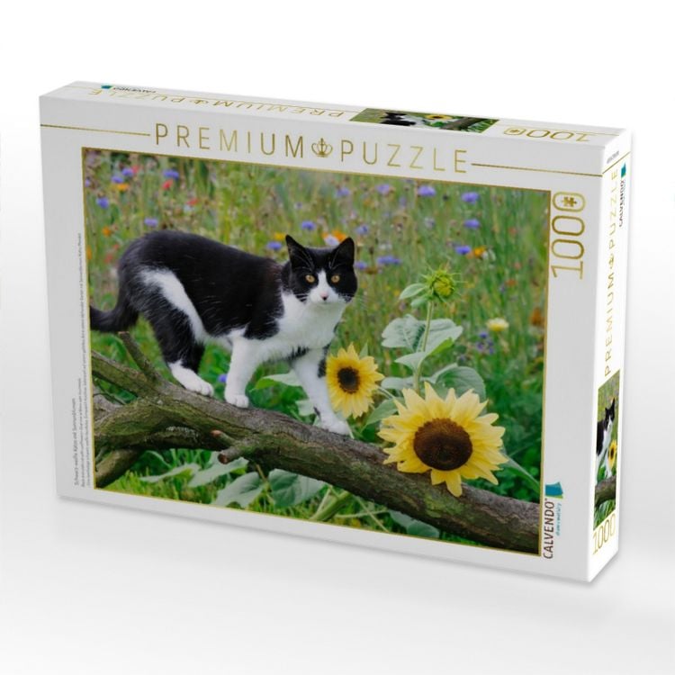 Produktbild: CALVENDO Puzzle Schwarz-wei&szlig;e Katze mit Sonnenblumen | 1000 Teile Lege-Gr&ouml;&szlig;e 64x48cm Foto-Puzzle f&uuml;r gl&uuml;ckliche Stunden
