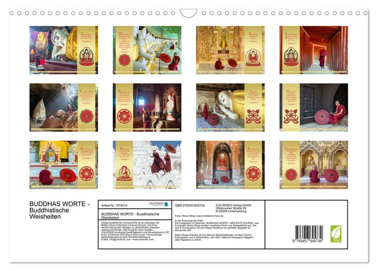 Produktbild: BUDDHAS WORTE - Buddhistische Weisheiten (Wandkalender 2026 DIN A3 quer), CALVENDO Monatskalender