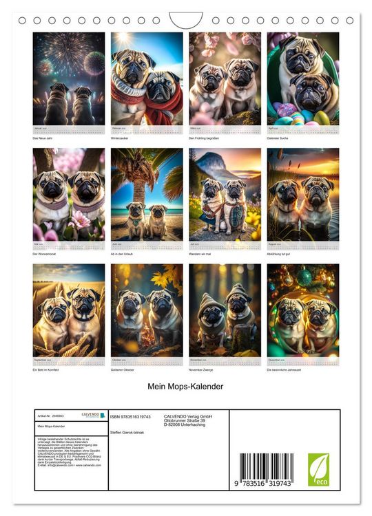 Produktbild: Mein Mops-Kalender (Wandkalender 2026 DIN A4 hoch), CALVENDO Monatskalender