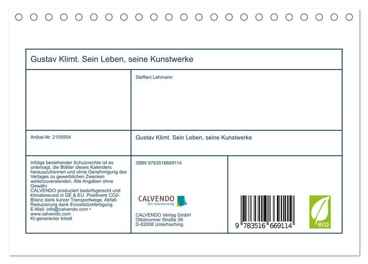Produktbild: Gustav Klimt. Sein Leben, seine Kunstwerke (Tischkalender 2026 DIN A5 quer), CALVENDO Monatskalender