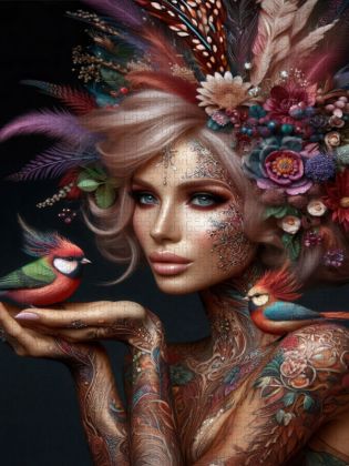 Produktbild: CALVENDO Puzzle Portrait einer Frau mit mauvefarbenen organischen Haarschmuck und Paradiesv&ouml;geln auf der Hand | 2000 Teile Lege-Gr&ouml;&szlig;e 90x67cm Foto-Puz