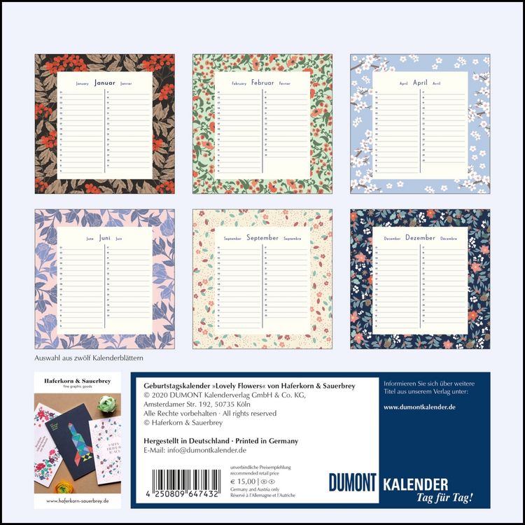 Produktbild: Immerw&auml;hrender Geburtstagskalender &ndash; Lovely Flowers &ndash; Haferkorn & Sauerbrey &ndash; Quadrat-Format 24 x 24 cm