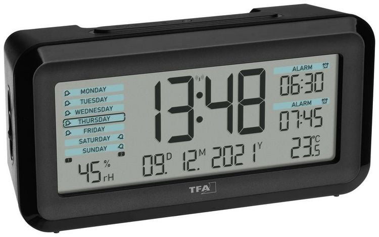 Produktbild: TFA Dostmann 60.2562.01.GB Funk Wecker Schwarz, Hellblau Alarmzeiten 2 Gro&szlig;es Display