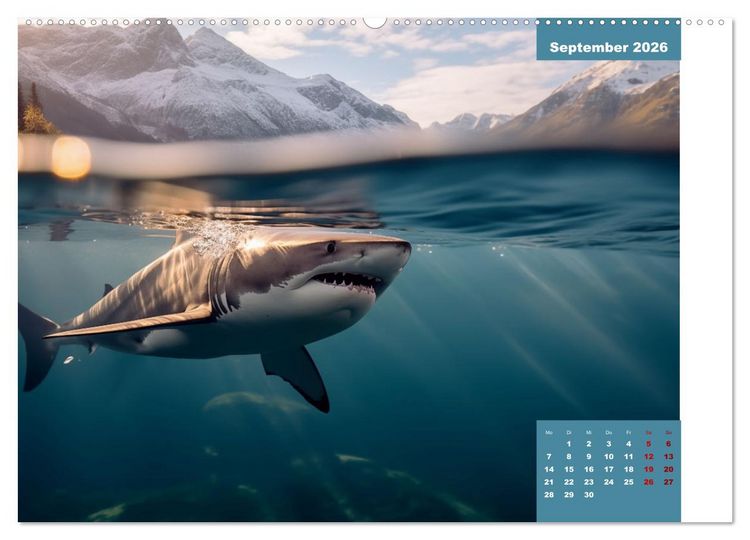 Produktbild: Stille Giganten - KI-generierte Hai-Impressionen (hochwertiger Premium Wandkalender 2026 DIN A2 quer), Kunstdruck in Hochglanz
