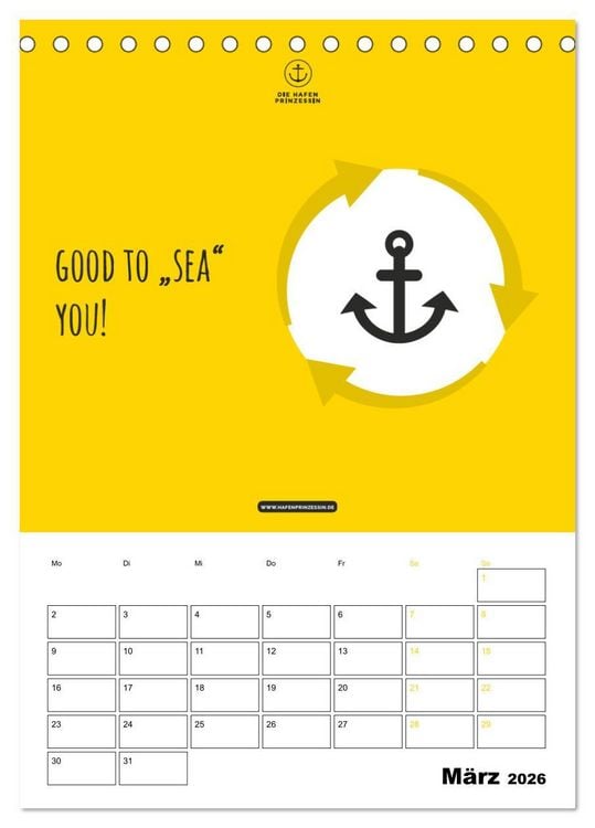 Produktbild: hafenprinzessin: Ankertr&auml;ume & Meer - Der moderne Zitate-Wandkalender f&uuml;r maritime Lebensmomente! (Tischkalender 2026 DIN A5 hoch), CALVENDO Monatskalender