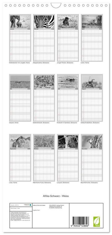 Produktbild: Familienplaner 2026 - Afrika Schwarz - Weiss mit 5 Spalten (Wandkalender, 21 x 45 cm) CALVENDO