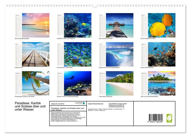Produktbild: Paradiese. Karibik und S&uuml;dsee &uuml;ber und unter Wasser (hochwertiger Premium Wandkalender 2026 DIN A2 quer), Kunstdruck in Hochglanz