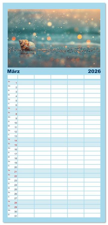 Produktbild: Familienplaner 2026 - Sandgefl&uuml;ster und Muschelzauber mit 5 Spalten (Wandkalender, 21 x 45 cm) CALVENDO