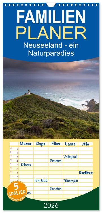 Produktbild: Familienplaner 2026 - Neuseeland - ein Naturparadies mit 5 Spalten (Wandkalender, 21 x 45 cm) CALVENDO