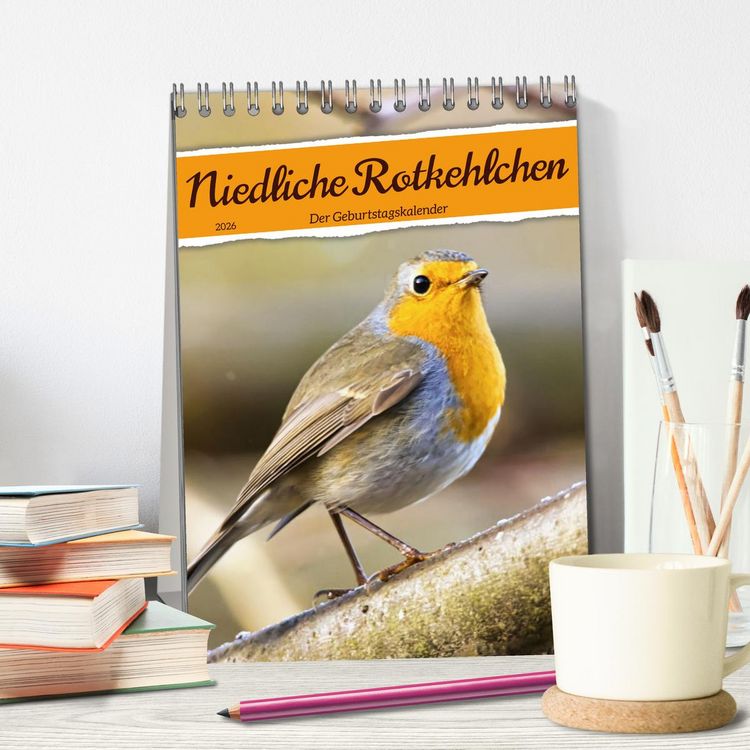 Produktbild: Niedliche Rotkehlchen (Tischkalender 2026 DIN A5 hoch), CALVENDO Monatskalender