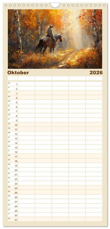 Produktbild: Familienplaner 2026 - Pferde, Staub und Freiheit mit 5 Spalten (Wandkalender, 21 x 45 cm) CALVENDO