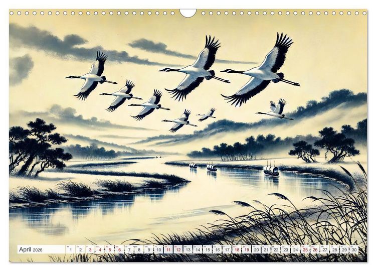 Produktbild: Eleganz der Kraniche - Majest&auml;tische V&ouml;gel in poetischer Tusche (Wandkalender 2026 DIN A3 quer), CALVENDO Monatskalender