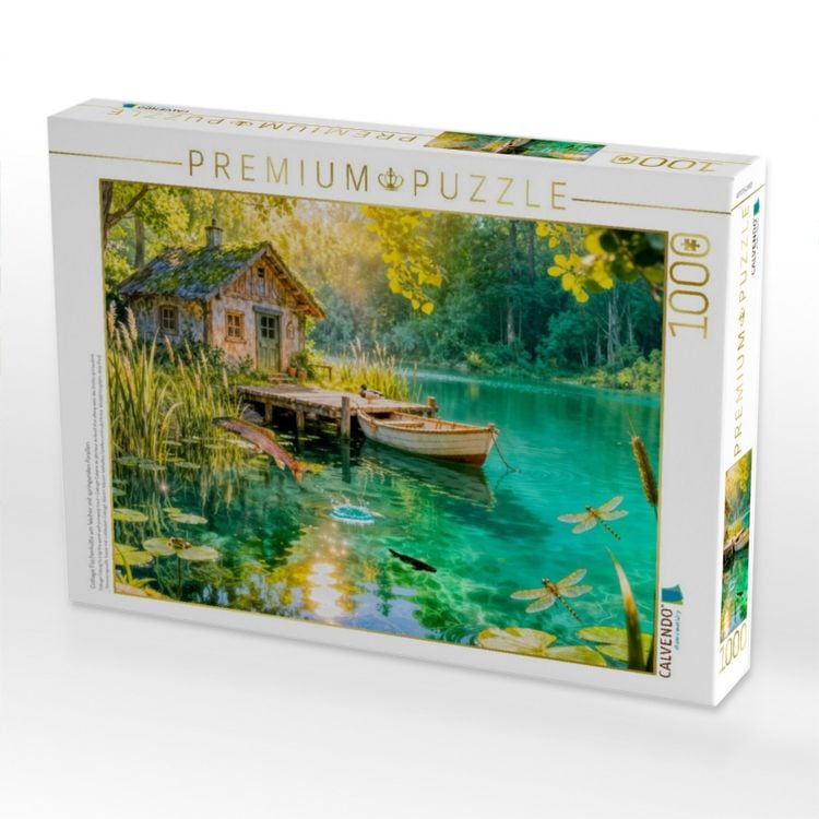 Produktbild: CALVENDO Puzzle Cottage Fischerh&uuml;tte am Weiher mit springenden Forellen | 1000 Teile Lege-Gr&ouml;&szlig;e 64x48cm Foto-Puzzle f&uuml;r gl&uuml;ckliche Stunden
