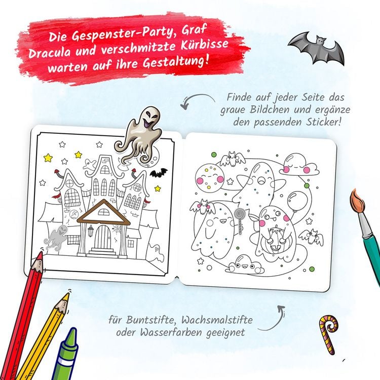 Produktbild: TR&Ouml;TSCH - Gruselmalbuch mit Stickern | Halloween Malbuch mit s&uuml;&szlig;en Gruselmotiven, Stickern und Bastelideen | Halloween Ausmalbilder f&uuml;r Buntstifte, Wasserfarben und Wachsmalstifte | Ab 5 Jahren