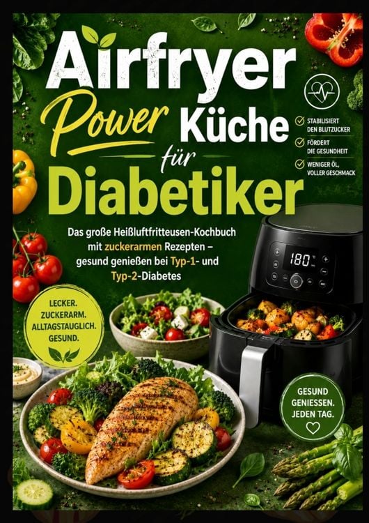 Produktbild: Airfryer Power K&uuml;che f&uuml;r Diabetiker: Das gro&szlig;e Hei&szlig;luftfritteusen-Kochbuch mit zuckerarmen Rezepten - gesund genie&szlig;en bei Typ-1- und Typ-2-Diabetes