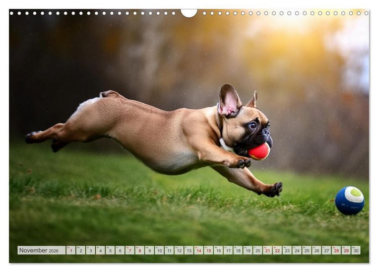 Produktbild: Bullys in Action - Franz&ouml;sische Bulldoggen lieben B&auml;lle (Wandkalender 2026 DIN A3 quer), CALVENDO Monatskalender