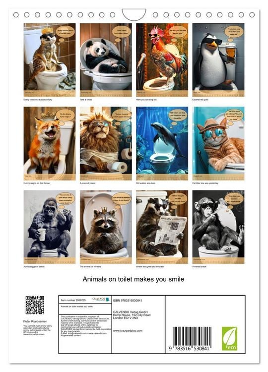 Produktbild: Animals on toilet makes you smile (Wall Calendar 2026 DIN A4 portrait), CALVENDO 12 Month Wall Calendar