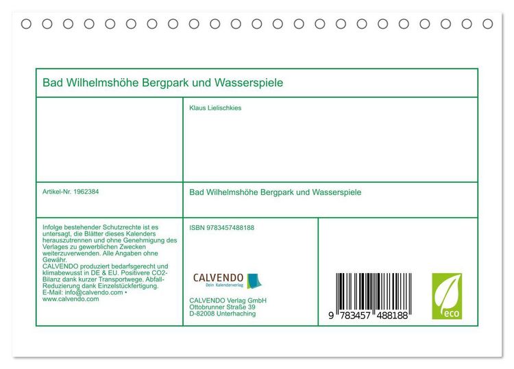 Produktbild: Bad Wilhelmsh&ouml;he Bergpark und Wasserspiele (Tischkalender 2026 DIN A5 quer), CALVENDO Monatskalender