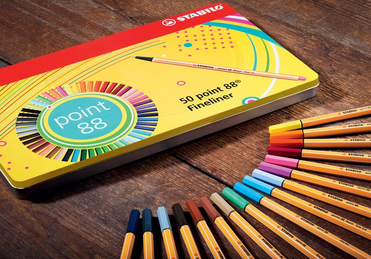Produktbild: STABILO Fineliner -   point 88 - 50er Metalletui - mit 47 verschiedenen Farben - 2x blau, rot, schwarz
