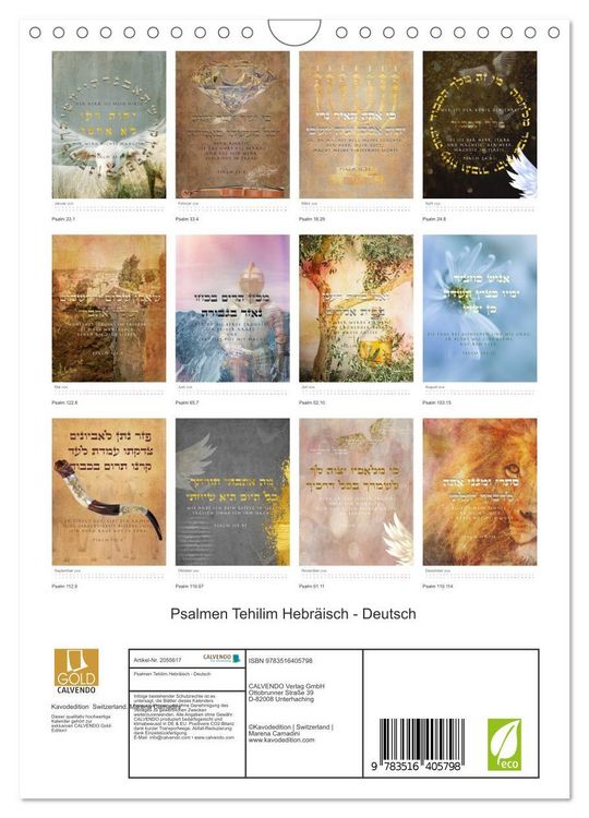 Produktbild: Psalmen Tehilim Hebr&auml;isch - Deutsch (Wandkalender 2026 DIN A4 hoch), CALVENDO Monatskalender