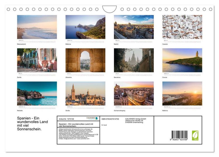Produktbild: Spanien - Ein wundervolles Land mit viel Sonnenschein. (Wandkalender 2026 DIN A4 quer), CALVENDO Monatskalender