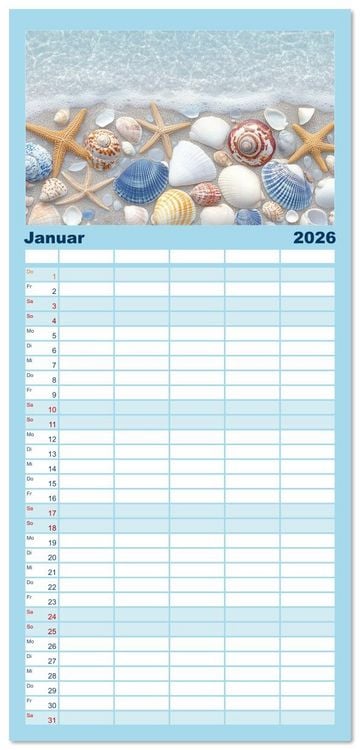Produktbild: Familienplaner 2026 - Sandgefl&uuml;ster und Muschelzauber mit 5 Spalten (Wandkalender, 21 x 45 cm) CALVENDO