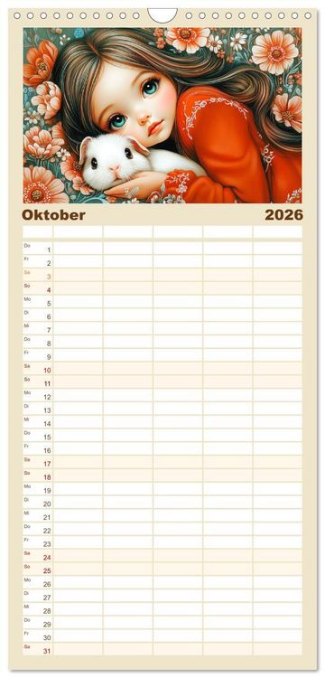 Produktbild: Familienplaner 2026 - Vertr&auml;umte M&auml;dchen. Tiere, Blumen, Liebe. mit 5 Spalten (Wandkalender, 21 x 45 cm) CALVENDO