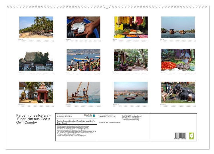 Produktbild: Farbenfrohes Kerala - Eindr&uuml;cke aus God&acute;s Own Country (Wandkalender 2026 DIN A2 quer), CALVENDO Monatskalender