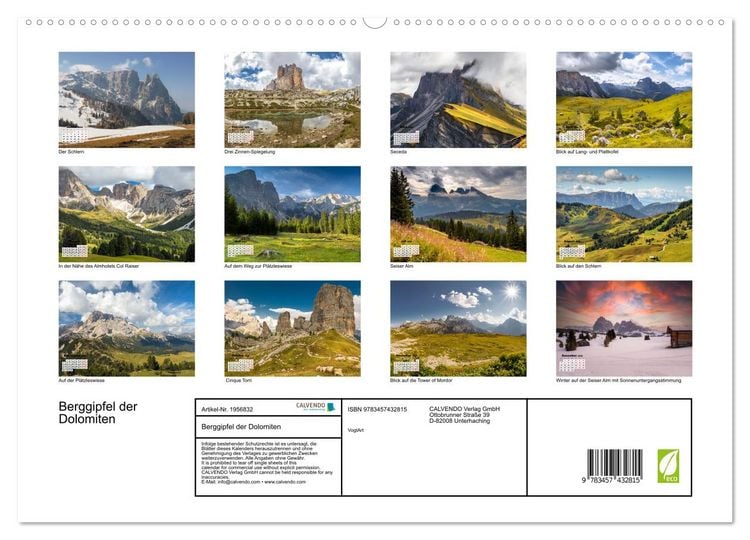 Produktbild: Berggipfel der Dolomiten (hochwertiger Premium Wandkalender 2026 DIN A2 quer), Kunstdruck in Hochglanz