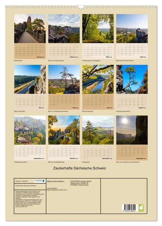 Produktbild: Zauberhafte S&auml;chsische Schweiz (Wandkalender 2026 DIN A2 hoch), CALVENDO Monatskalender