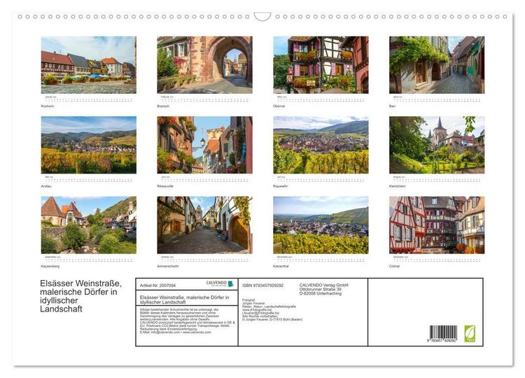 Produktbild: Els&auml;sser Weinstra&szlig;e, malerische D&ouml;rfer in idyllischer Landschaft (Wandkalender 2026 DIN A2 quer), CALVENDO Monatskalender