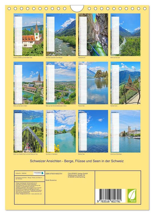 Produktbild: Schweizer Ansichten - Berge, Fl&uuml;sse und Seen in der Schweiz (Wandkalender 2026 DIN A4 hoch), CALVENDO Monatskalender