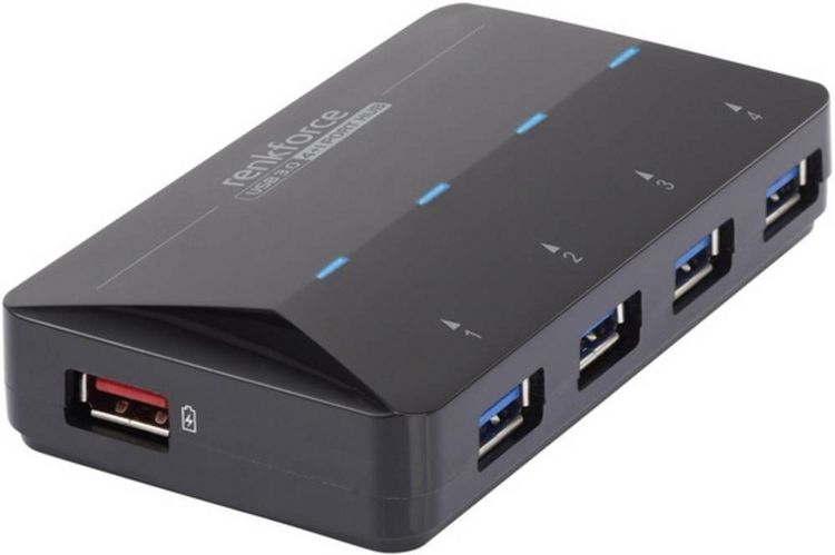 Produktbild: Renkforce RF-3806031 USB-Hub 4 Port USB-A USB 3.0 5 GBit/s mit Schnellladeport, mit Status-LEDs Schwarz