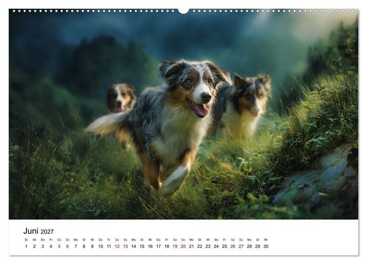 Produktbild: Born to run - Ein Jahr mit Australian Shepherds (hochwertiger Premium Wandkalender 2027 DIN A2 quer), Kunstdruck in Hochglanz