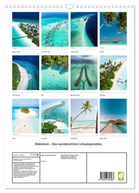 Produktbild: Malediven - Das wundersch&ouml;ne Urlaubsparadies. (Wandkalender 2026 DIN A3 hoch), CALVENDO Monatskalender