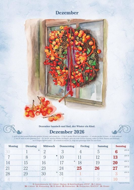 Produktbild: 100-jähriger Kalender 2026 - Bildkalender A3 (29,7x42 cm) - mit Feiertagen (DE/AT/CH) und Platz für Notizen - inkl. Bauernregeln - Wandkalender