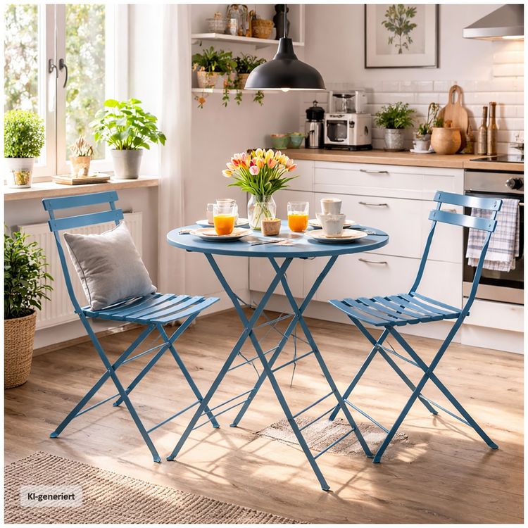 Produktbild: HTI-Living Bistro Sitzgruppe Metall Blau klappbar Tisch mit 2 St&uuml;hlen Balkon Set