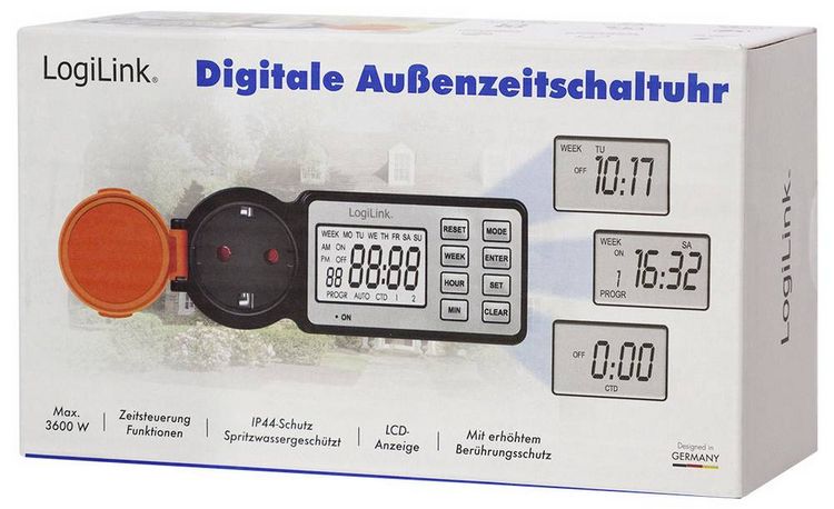 Produktbild: LogiLink ET0016 Zeitschaltuhr digital IP44 Countdown-Funktion, EIN/AUS-Programm, Timer-Funktion