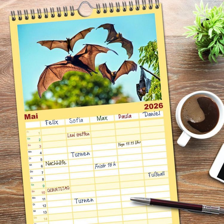 Produktbild: Familienplaner 2026 - Flughunde - Meister der Nacht mit 5 Spalten (Wandkalender, 21 x 45 cm) CALVENDO