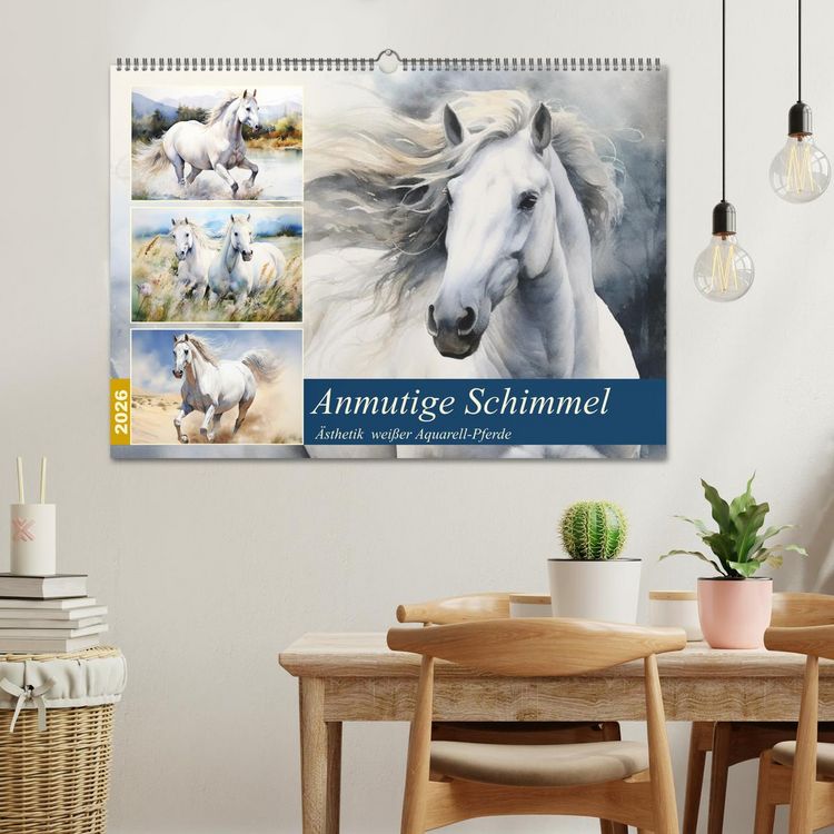 Produktbild: Anmutige Schimmel. &Auml;sthetik wei&szlig;er Aquarell-Pferde (Wandkalender 2026 DIN A2 quer), CALVENDO Monatskalender