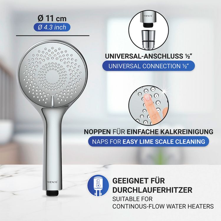 Produktbild: Duschkopf Watersaving Chrom &Oslash; 11 cm, Universal-Handbrause mit Wasserspar-System